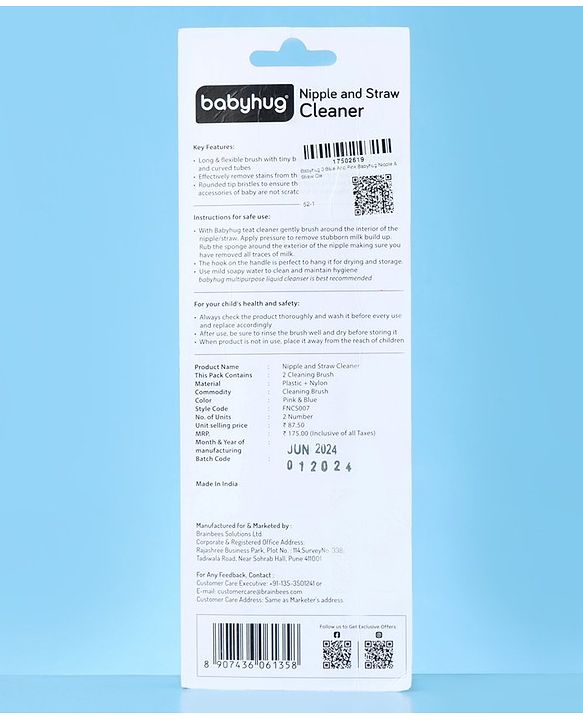 Babyhug Nipple & Straw Cleaner Pack of 2 - Pink & Blue