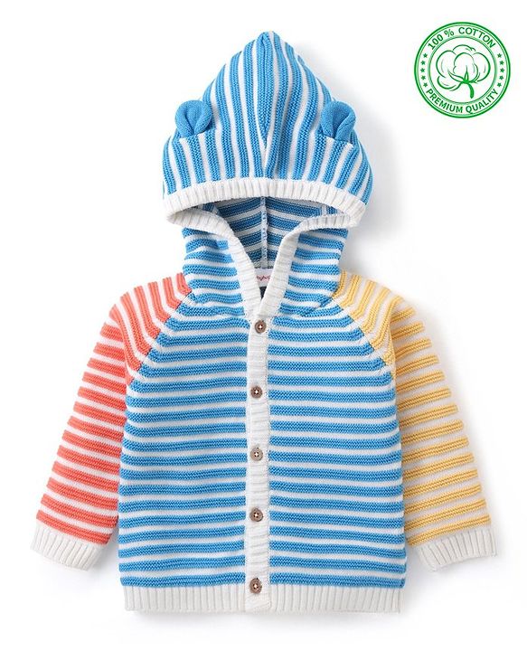 Babyhug Knitted Full Sleeves Front Open Hooded Striped Sweater - Multicolour