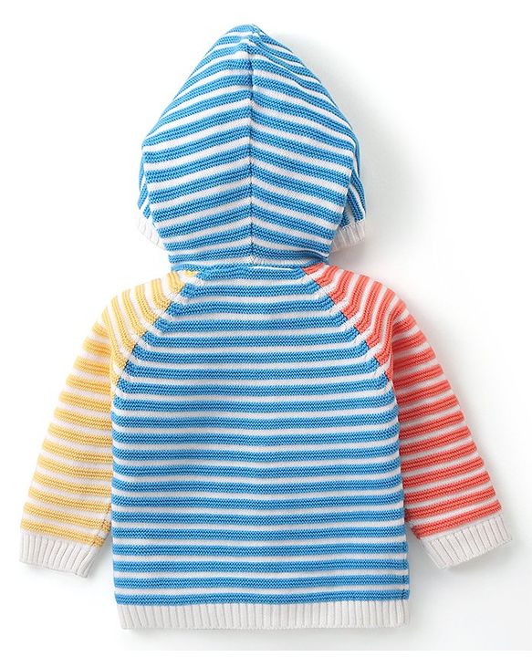 Babyhug Knitted Full Sleeves Front Open Hooded Striped Sweater - Multicolour