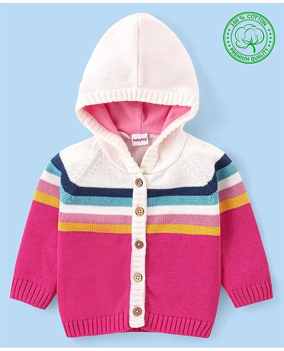 Babyhug Cotton Knit Full Raglan Sleeves Hooded Sweater With Colour Block Design - Pink