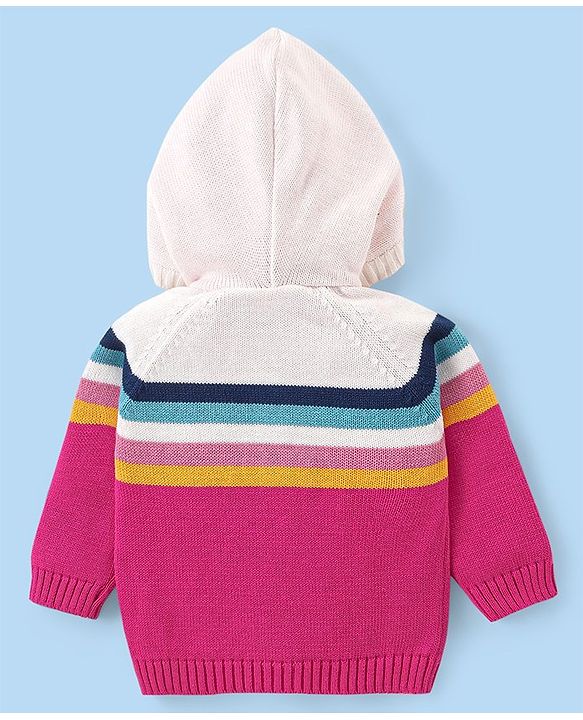 Babyhug Cotton Knit Full Raglan Sleeves Hooded Sweater With Colour Block Design - Pink