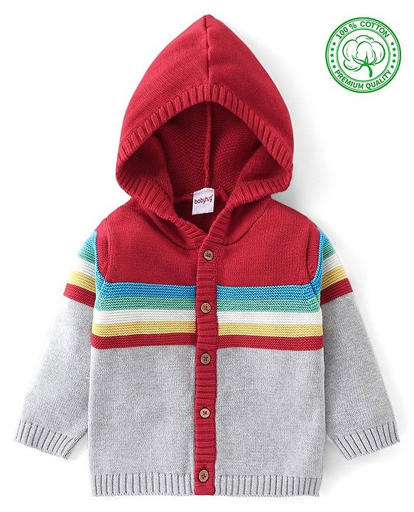 Babyhug Full Sleeves Front Open Hooded Sweater With Stripes & Colour block Design - Red & Grey