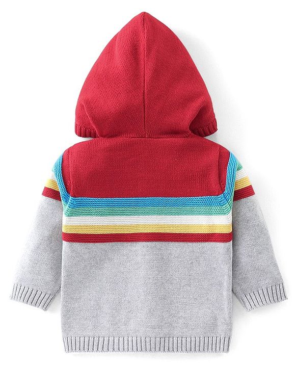 Babyhug Full Sleeves Front Open Hooded Sweater With Stripes & Colour block Design - Red & Grey