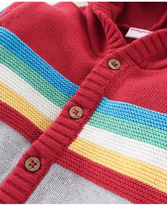 Babyhug Full Sleeves Front Open Hooded Sweater With Stripes & Colour block Design - Red & Grey