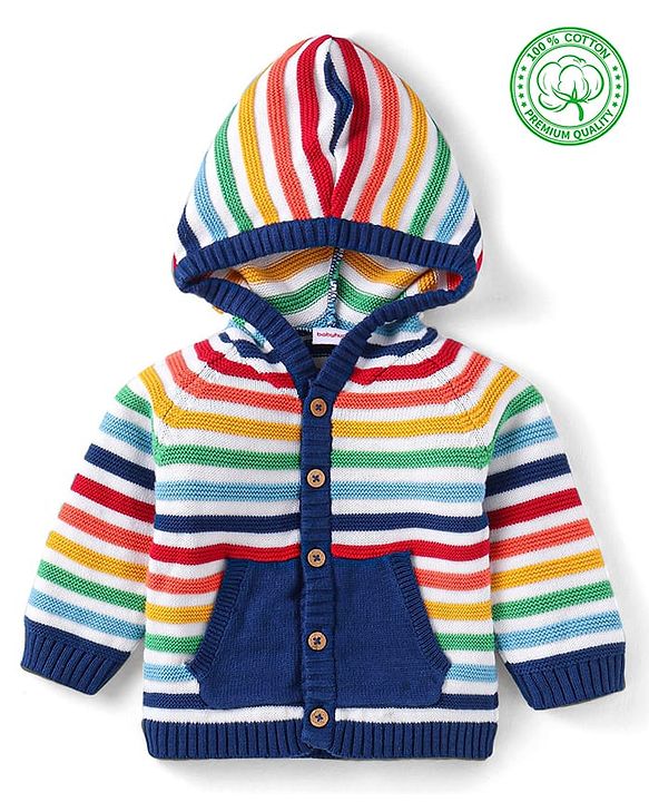 Babyhug Cotton Knitted Full Raglan Sleeves Front Open Hooded Sweater With Striped Design - Navy Blue