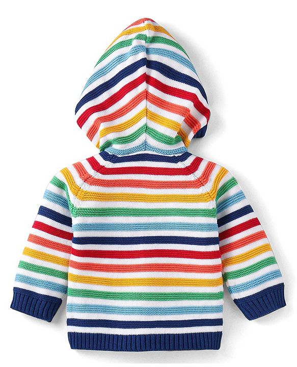 Babyhug Cotton Knitted Full Raglan Sleeves Front Open Hooded Sweater With Striped Design - Navy Blue
