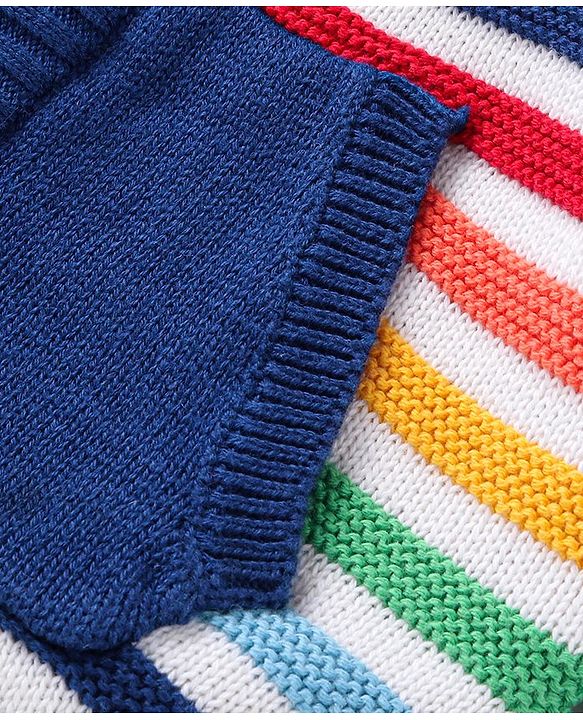 Babyhug Cotton Knitted Full Raglan Sleeves Front Open Hooded Sweater With Striped Design - Navy Blue