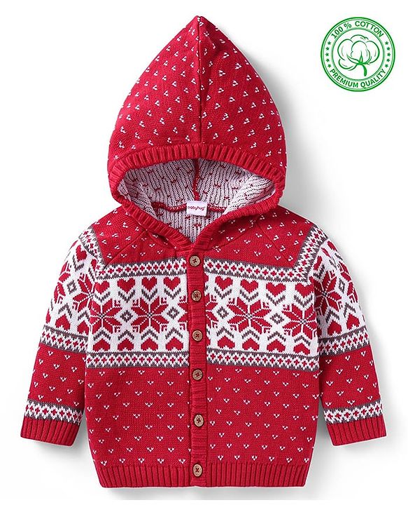 Babyhug Cotton Knitted Full Raglan Sleeves Front Open Hooded Sweater With Heart Design - Red
