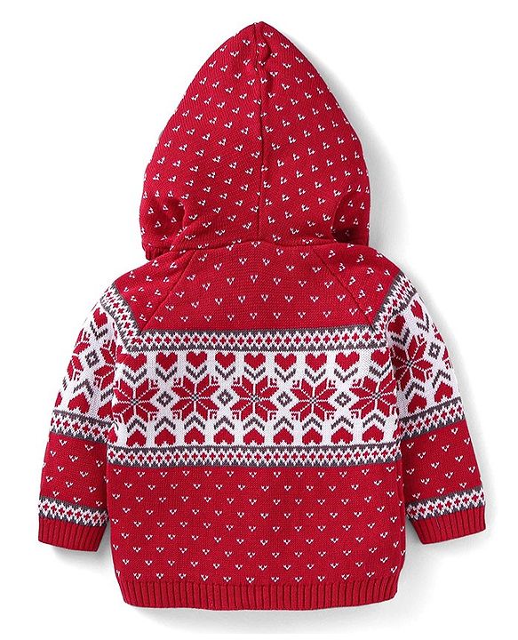 Babyhug Cotton Knitted Full Raglan Sleeves Front Open Hooded Sweater With Heart Design - Red