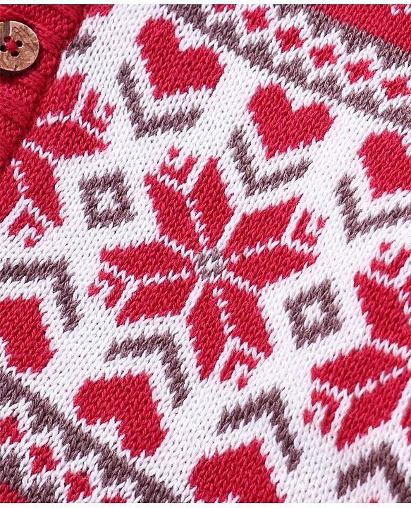Babyhug Cotton Knitted Full Raglan Sleeves Front Open Hooded Sweater With Heart Design - Red