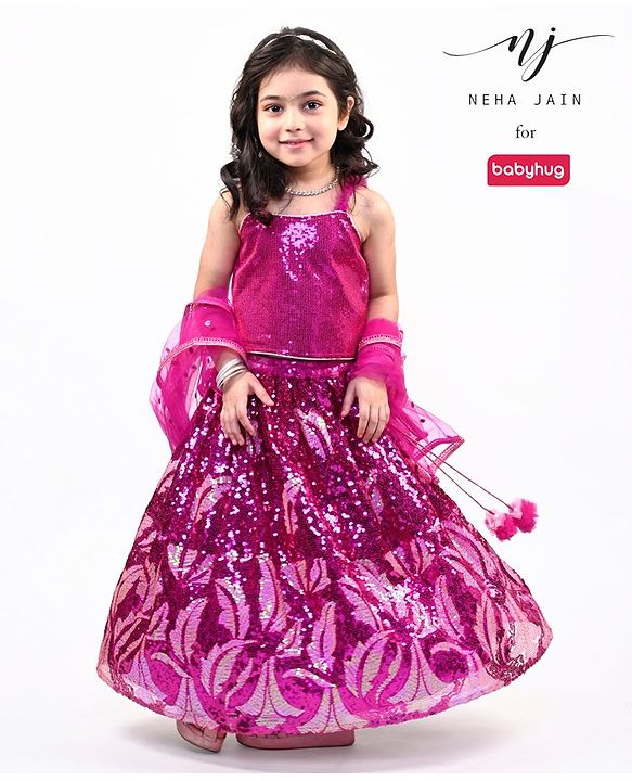 Babyhug Sleeveless Sequined Embroidered Choli & Lehenga Set with Frilled Dupatta - Fuschia