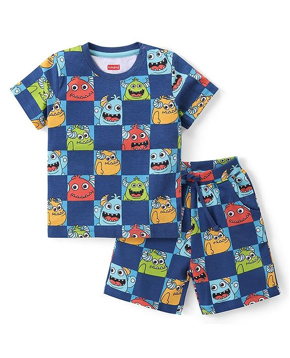 Babyhug Single Jersey Half Sleeves T-Shirt & Shorts Set Monster Print - Navy Blue