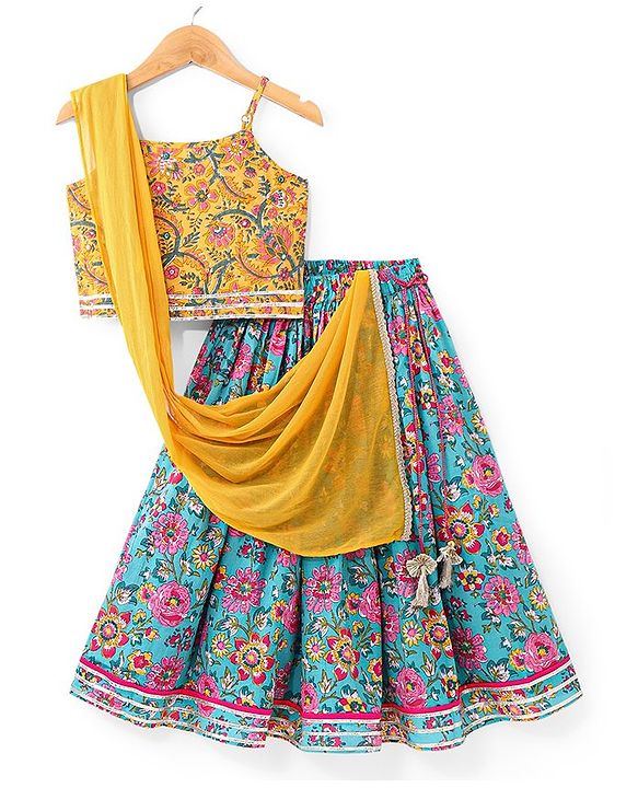 Babyhug Cambric Woven Sleeveless Choli Lehenga Set with Mirror Work & Dupatta - Blue