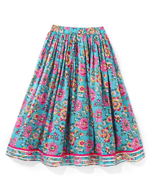 Babyhug Cambric Woven Sleeveless Choli Lehenga Set with Mirror Work & Dupatta - Blue