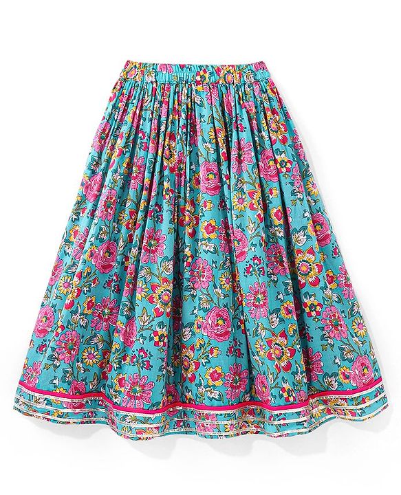 Babyhug Cambric Woven Sleeveless Choli Lehenga Set with Mirror Work & Dupatta - Blue