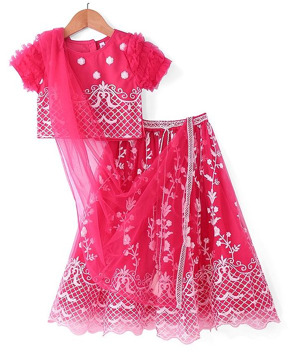 Babyhug Woven Half Sleeves Choli & Lehenga Set with Dupatta Floral Embroidery Sequin & Frill Detailing - Fuschia