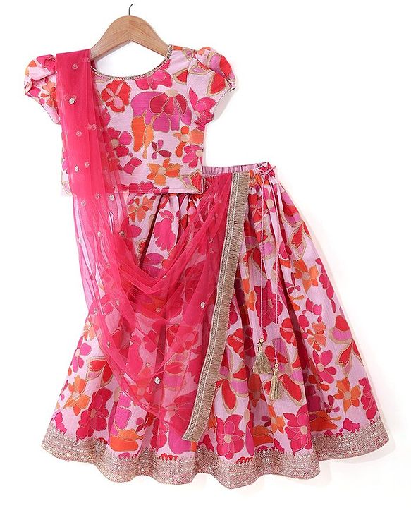 Babyhug Woven Half Sleeves Floral Embroidered & Printed Lehenga Choli and Dupatta With Sequined Detailing-Pink