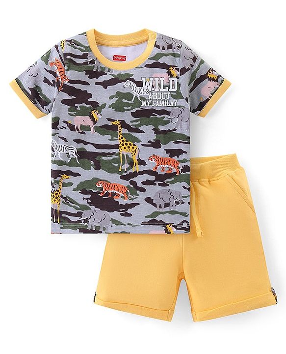 Babyhug Cotton Knit Half Sleeves T-Shirt & Shorts Set With Animals Print - Multicolor