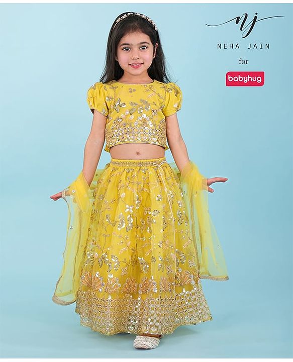 Babyhug Woven Half Sleeves Floral Sequined Choli & Lehenga Set with Dupatta - Yellow