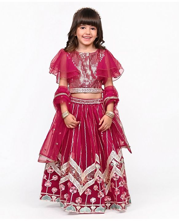 Babyhug Woven Short Sleeve Sequined Choli With Floral Embroidered Lehenga and  Net Dupatta - Fuchsia