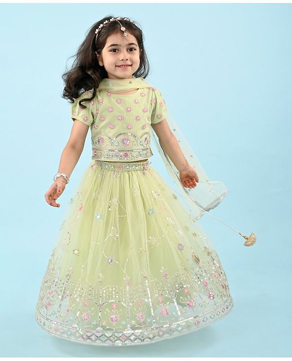 Babyhug Woven Half Sleeves Choli Lehenga & Dupatta Set with Floral Embroidery - Yellow