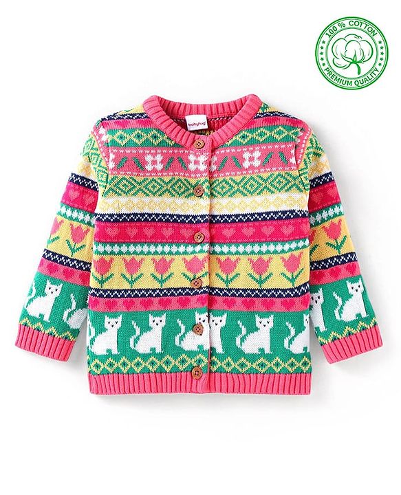 Babyhug Cotton Knitted Full Sleeves Front Open Sweater With Cat Design - Dark Pink