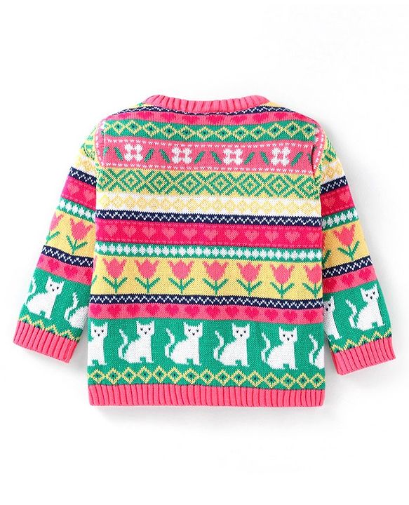 Babyhug Cotton Knitted Full Sleeves Front Open Sweater With Cat Design - Dark Pink