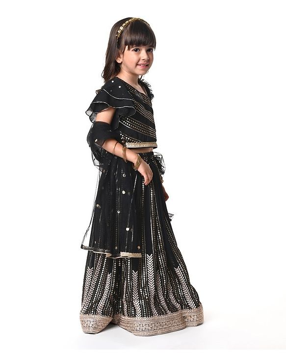 Babyhug  Sleeveless Sequenced Corddori   Embroidered Choli Lehenga & Frill Net Dupatta Set- Black