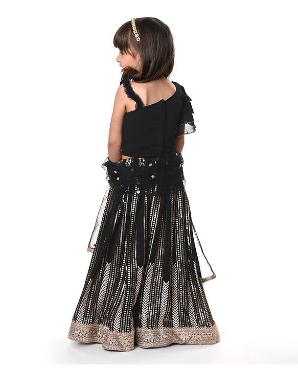 Babyhug  Sleeveless Sequenced Corddori   Embroidered Choli Lehenga & Frill Net Dupatta Set- Black