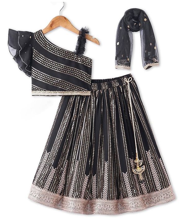 Babyhug  Sleeveless Sequenced Corddori   Embroidered Choli Lehenga & Frill Net Dupatta Set- Black