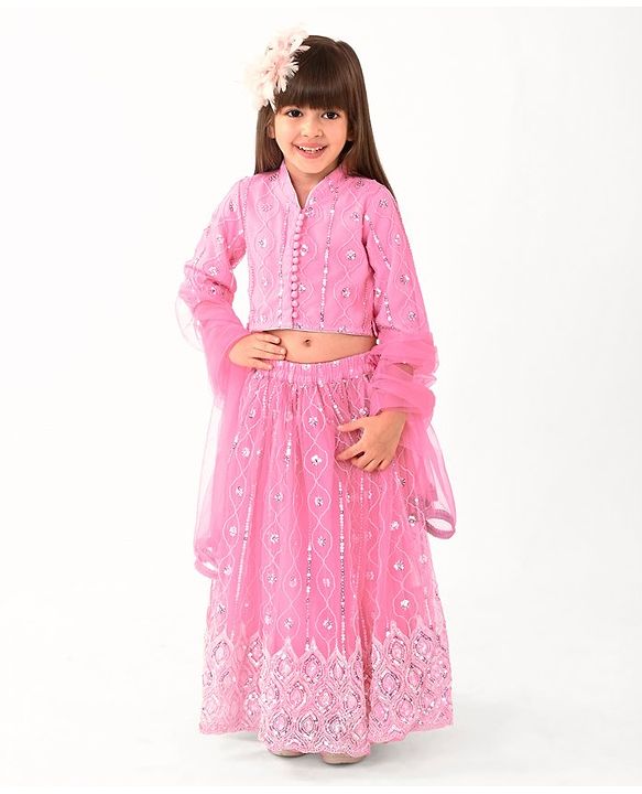 Babyhug Three Fourth Sleeves Sequin Embroidered Choli &  Lehenga Set with Dupatta - Pink