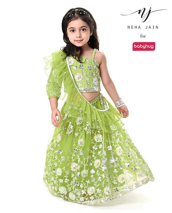 Babyhug Woven One Shoulder  Sleeves Sequenced Floral Embroidered Lehenga Choli Set with Frill Net Dupatta - Green