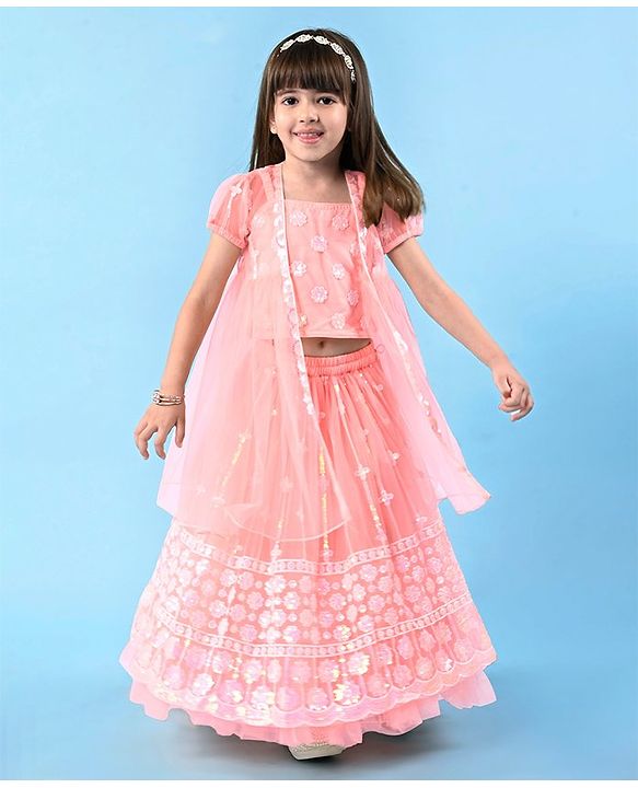 Babyhug Woven Singlet Choli With Sequenced Embroidered Lehenga & Short Sleeves Shrug - Hot Pink