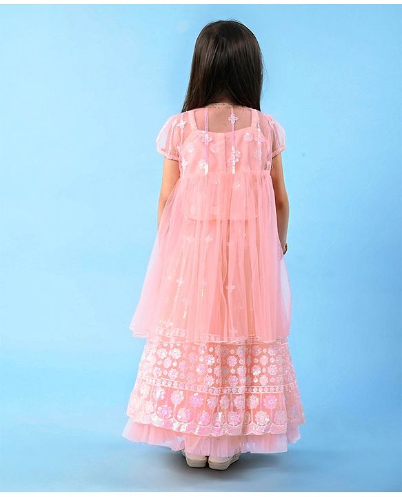 Babyhug Woven Singlet Choli With Sequenced Embroidered Lehenga & Short Sleeves Shrug - Hot Pink