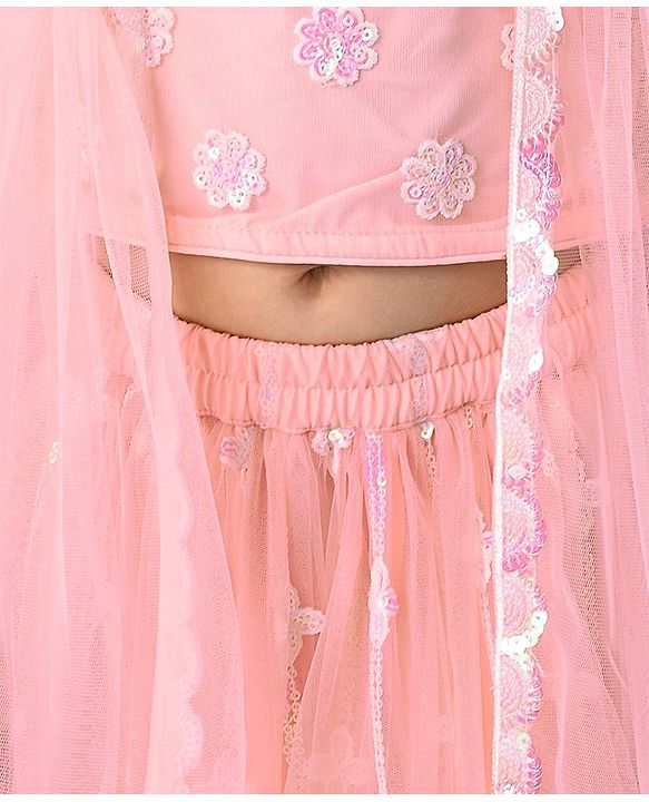 Babyhug Woven Singlet Choli With Sequenced Embroidered Lehenga & Short Sleeves Shrug - Hot Pink