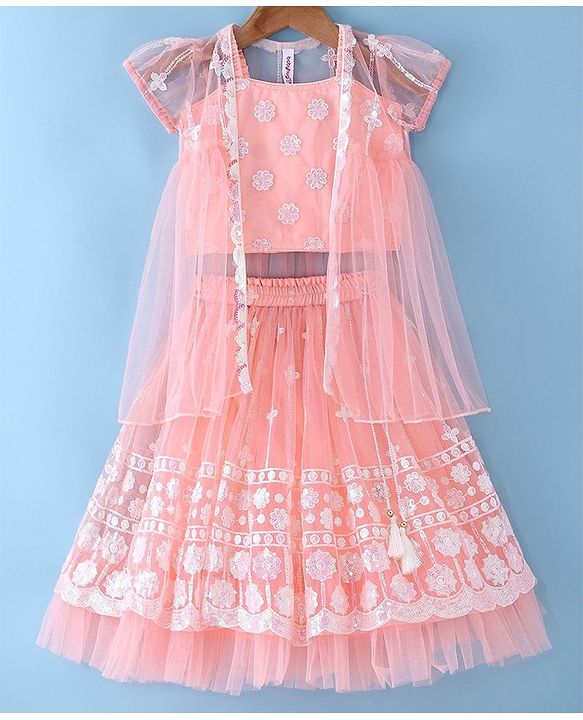 Babyhug Woven Singlet Choli With Sequenced Embroidered Lehenga & Short Sleeves Shrug - Hot Pink