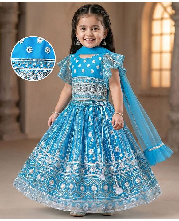 Babyhug Woven Half Sleeve Sequined Choli With Floral Embroidered Lehenga and Frill Net Dupatta - Blue