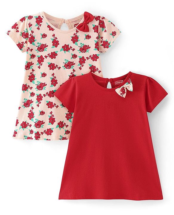 Babyhug Single Jersey Knit Half Sleeves Frocks With Floral Print & Bow Applique Pack of 2 - Light Pink & Red
