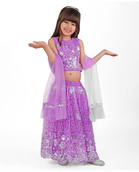 Babyhug Woven Sleeveless Sequenced Embroidered Side Wrap Choli   Lehenga with Frill Net Dupatta Set - Purple
