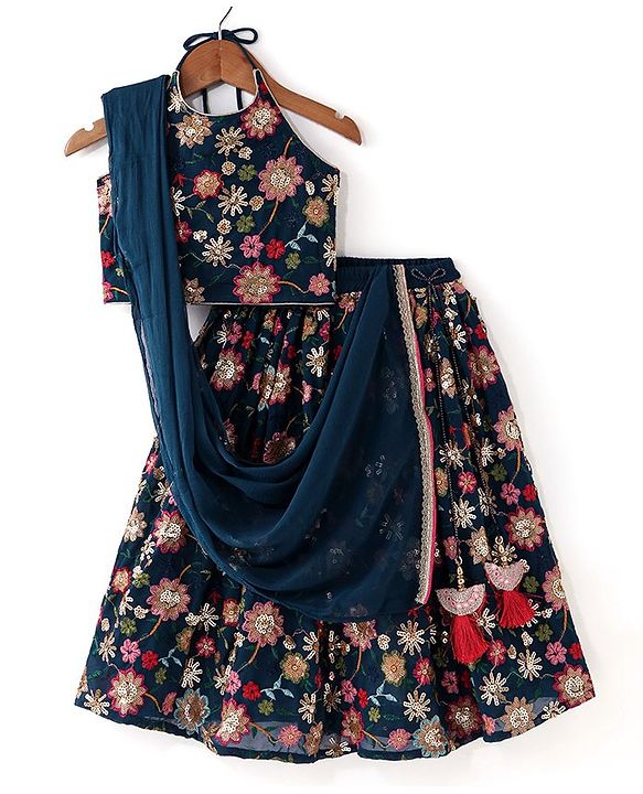 Babyhug  Sleeveless Floral Embroidered Choli With Lehenga & Net Dupatta Set - Teal