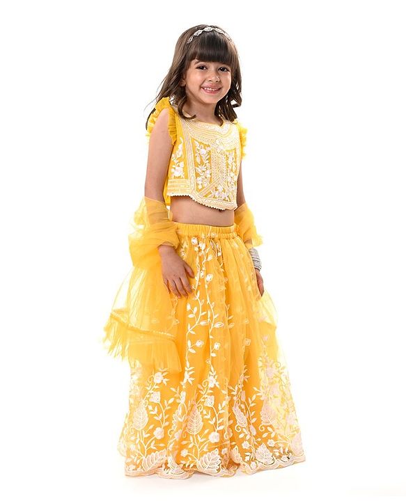Babyhug Sleeveless Sequined  Floral Embroidered Choli Lehenga Set with Dupatta - Yellow