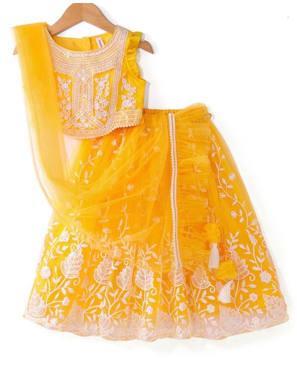 Babyhug Sleeveless Sequined  Floral Embroidered Choli Lehenga Set with Dupatta - Yellow