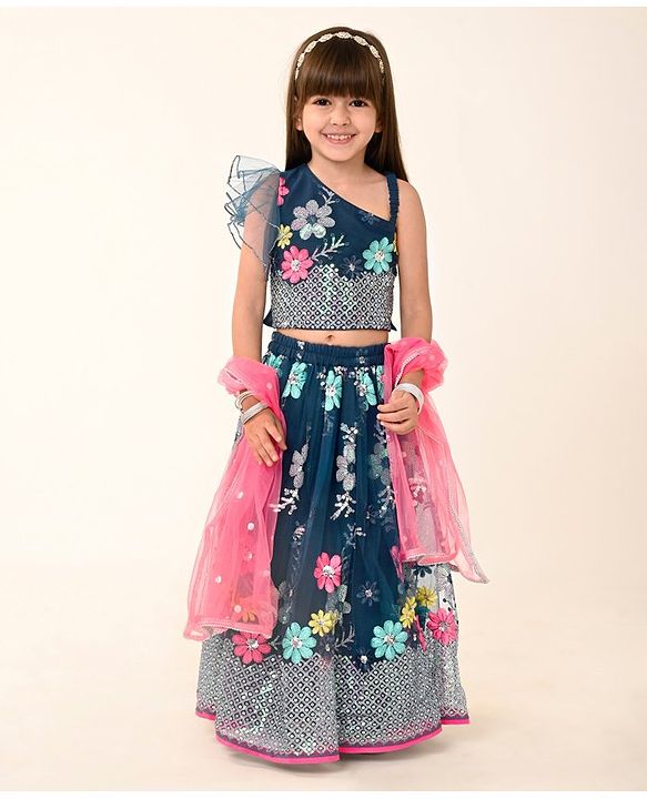 Babyhug  Sleeveless Sequenced   Embroidered Choli Lehenga & Frill Net Dupatta Set- Teal