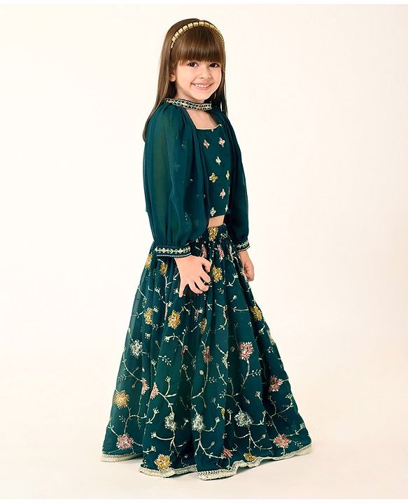 Babyhug Woven Sleeveless Georgette Floral Embroidered Choli & Sequinned Lehenga Set with Detachable Sleeves - Green