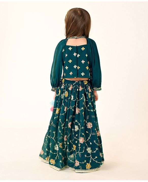 Babyhug Woven Sleeveless Georgette Floral Embroidered Choli & Sequinned Lehenga Set with Detachable Sleeves - Green