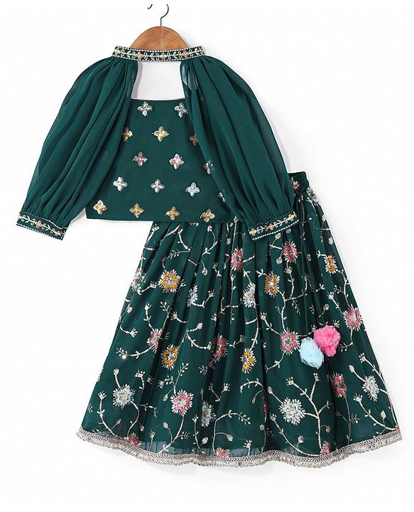 Babyhug Woven Sleeveless Georgette Floral Embroidered Choli & Sequinned Lehenga Set with Detachable Sleeves - Green