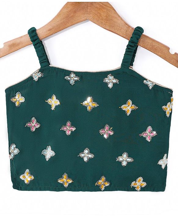 Babyhug Woven Sleeveless Georgette Floral Embroidered Choli & Sequinned Lehenga Set with Detachable Sleeves - Green