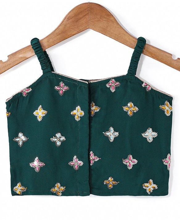 Babyhug Woven Sleeveless Georgette Floral Embroidered Choli & Sequinned Lehenga Set with Detachable Sleeves - Green