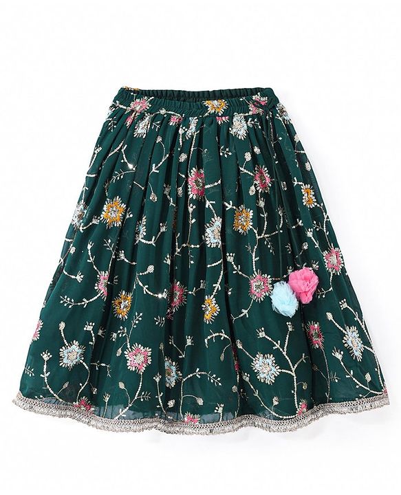 Babyhug Woven Sleeveless Georgette Floral Embroidered Choli & Sequinned Lehenga Set with Detachable Sleeves - Green