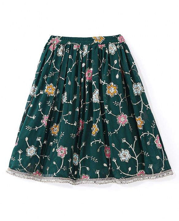 Babyhug Woven Sleeveless Georgette Floral Embroidered Choli & Sequinned Lehenga Set with Detachable Sleeves - Green